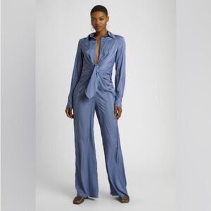 NWT Choosy Lafayette Satin Stripe Elegant Blue Plunge Neckline Sexy Jumpsuit